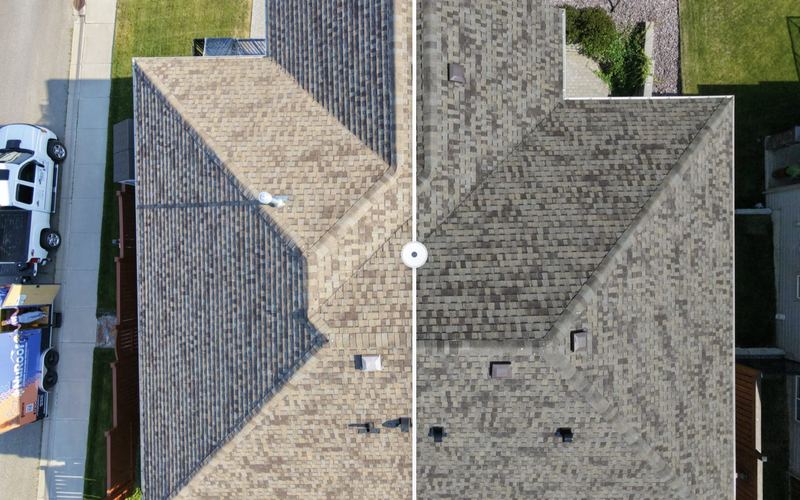 Before and after drone photo of an older tan shingle roof after treatment