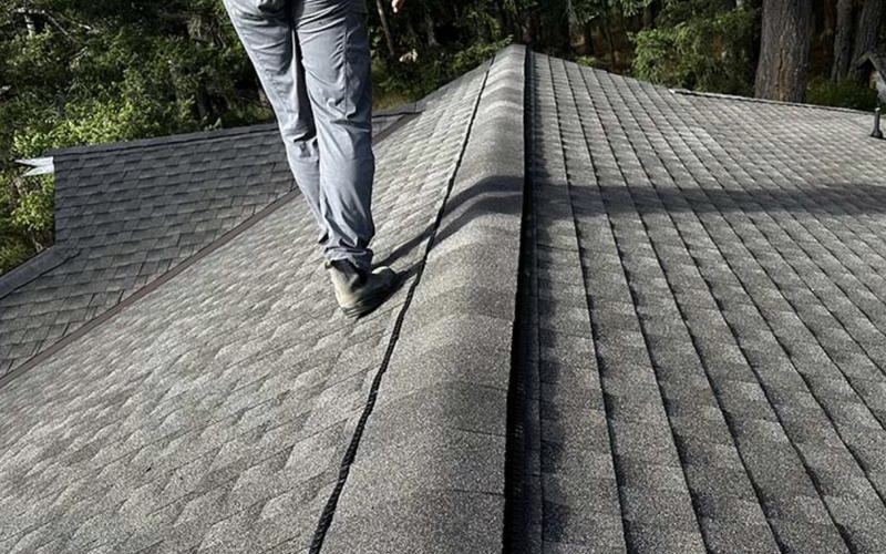 Roof assessment in progress on an asphalt shingle roof