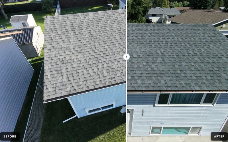 Before and after drone photo of a treated shingle roof in the East Kootenay