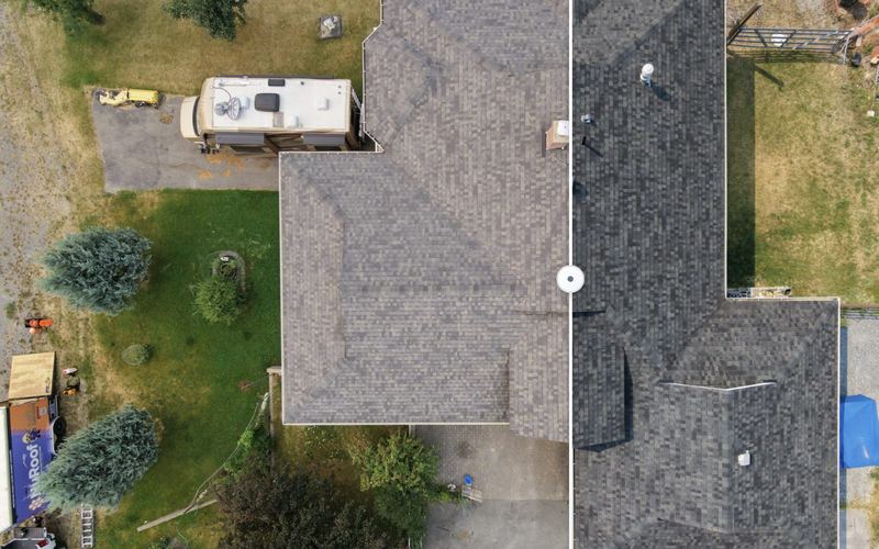 Before and after overhead drone photo of a treated shingle roof