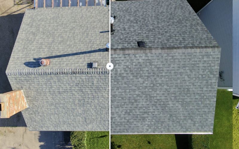 Before and after drone photo of a shingle roof treated by Key City Surface Solutions