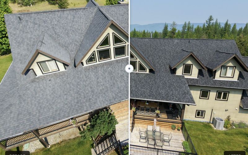 Before and after drone photo of a restored shingle roof on an East Kootenay home
