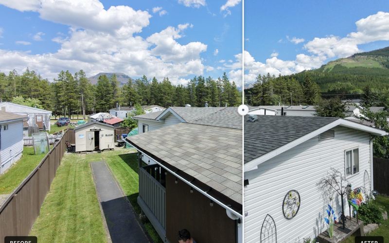Before and after photo of a restored shingle roof with mountains behind