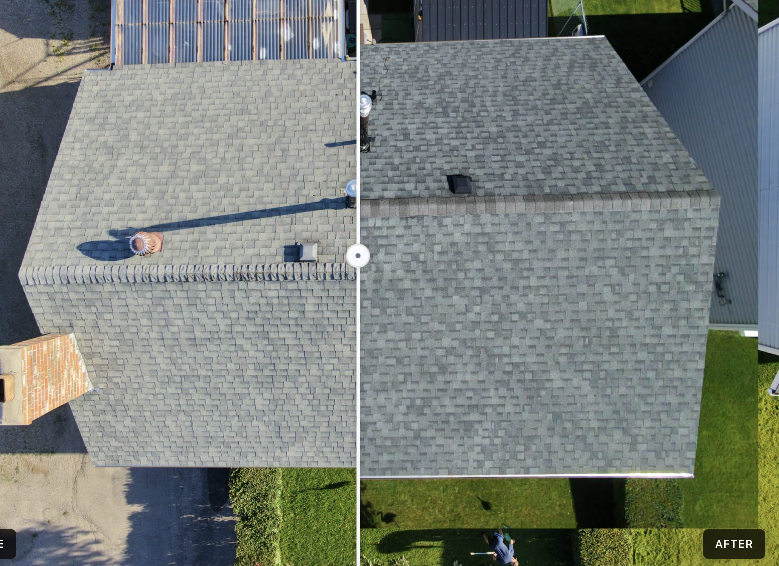 Before and after comparison of a shingle roof beside a brick chimney treated with NuRoof