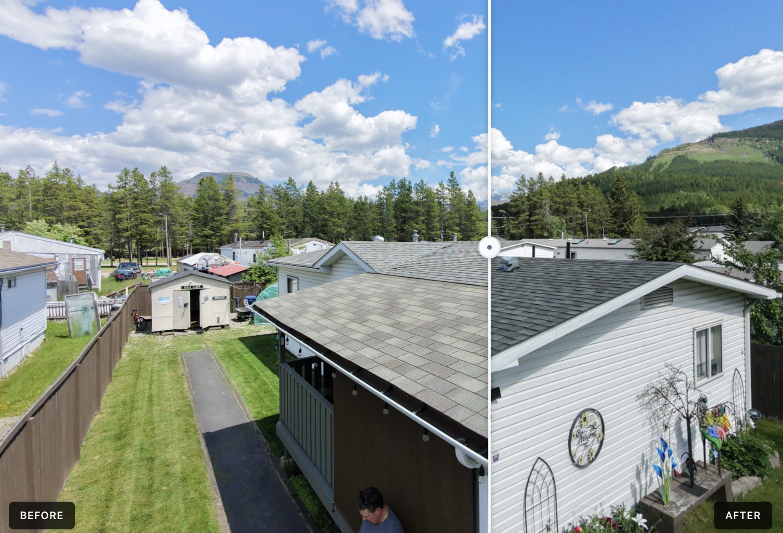 Before and after comparison of a roof with East Kootenay mountain views treated with NuRoof