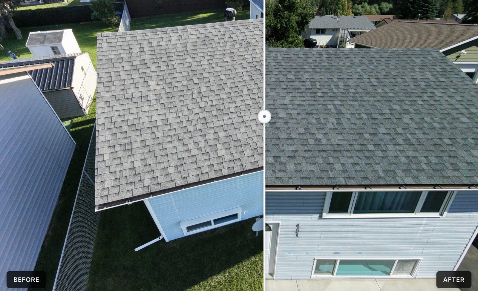 Before and after aerial comparison of a roof restored to a deep charcoal tone with NuRoof