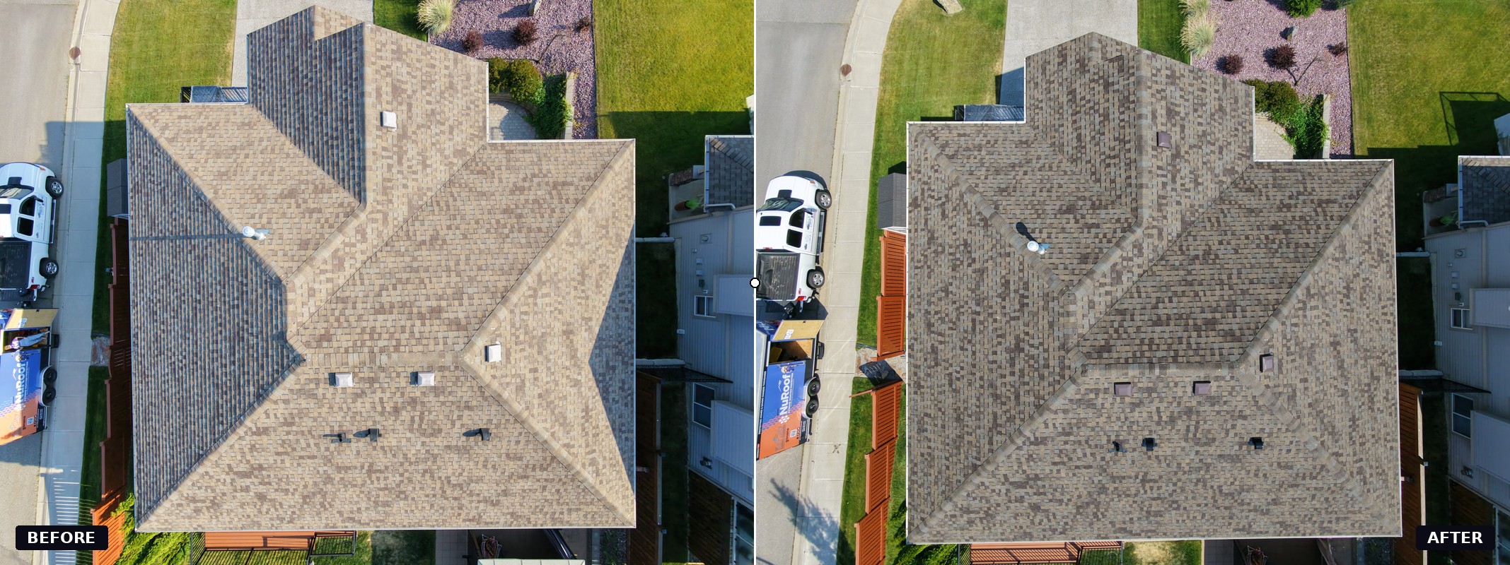 Before and after aerial comparison of a large hip roof with the NuRoof trailer on site