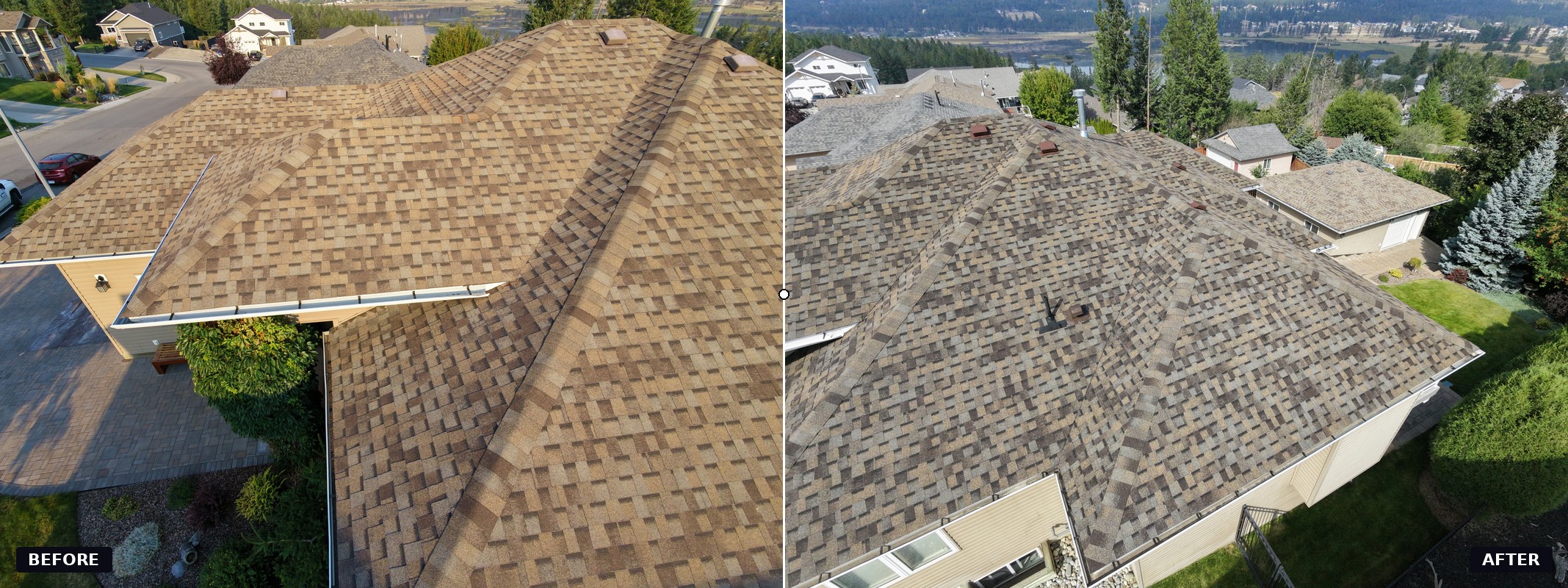 Before and after aerial comparison of a tan shingle roof with lake views treated with NuRoof