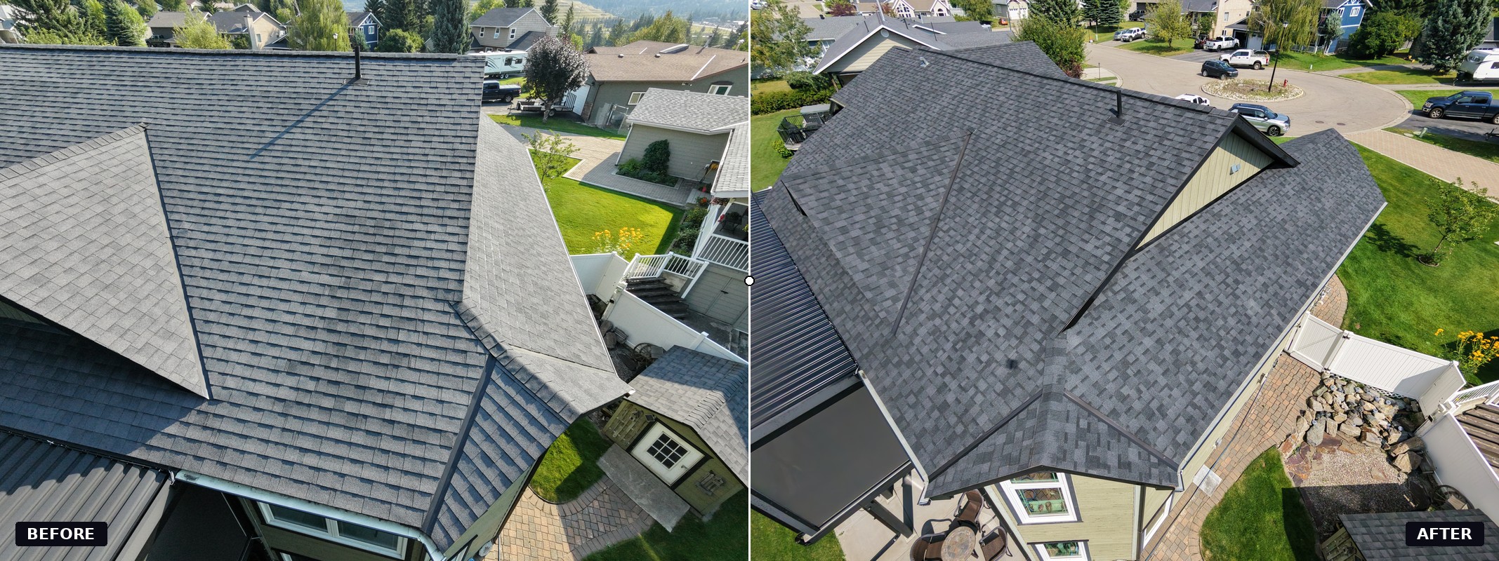 Before and after aerial comparison of a complex roofline treated with NuRoof