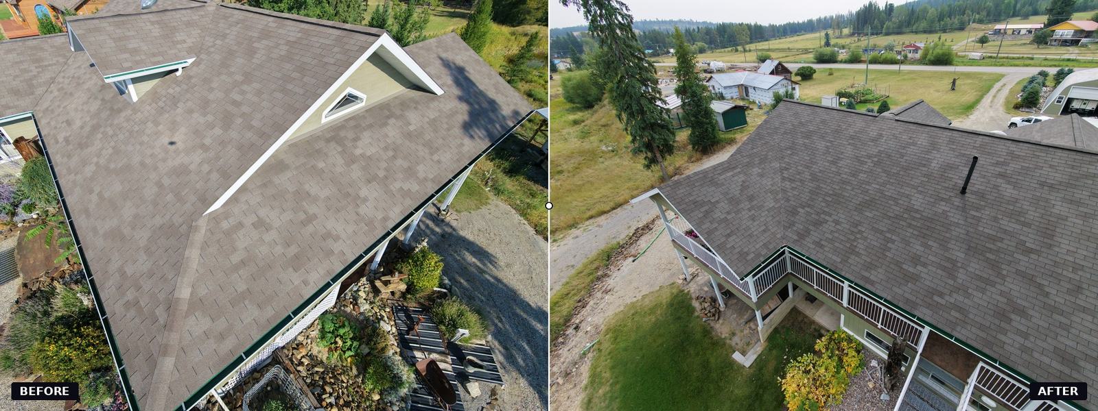 Before and after aerial comparison of a farmhouse-style roof treated with NuRoof