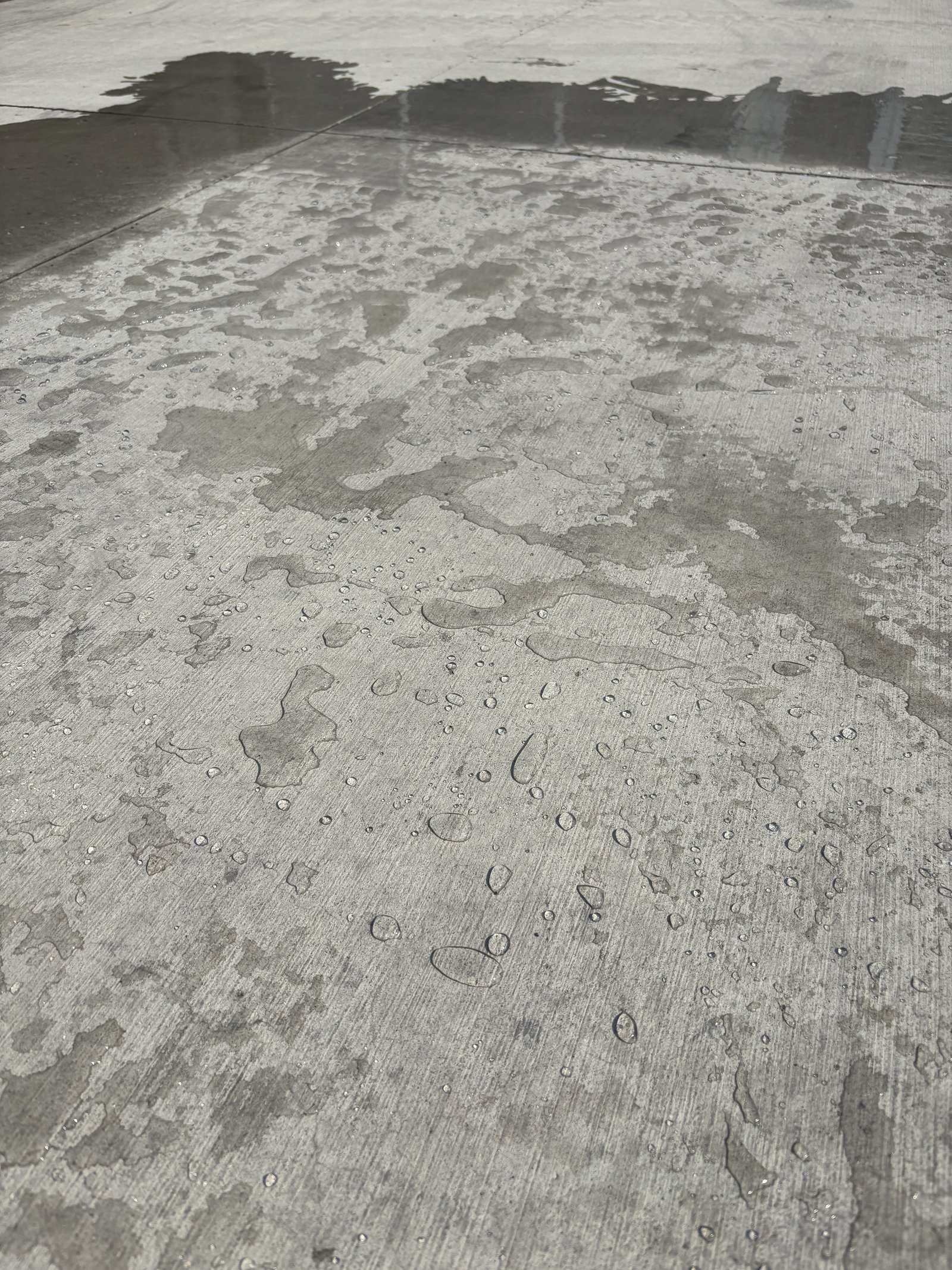 Untreated concrete driveway soaking up water and staying dark and wet