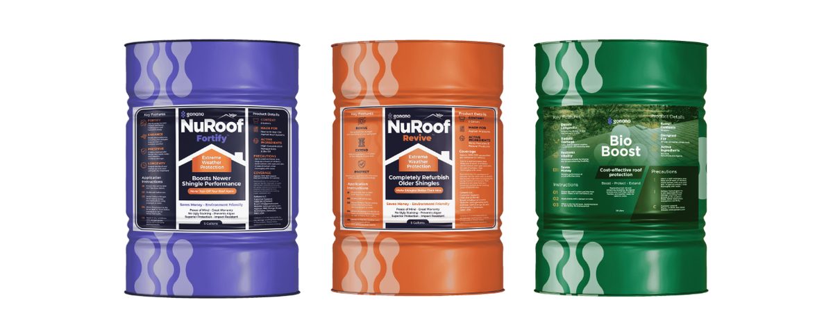 Three NuRoof product drums: Fortify, Revive, and Bio Boost.