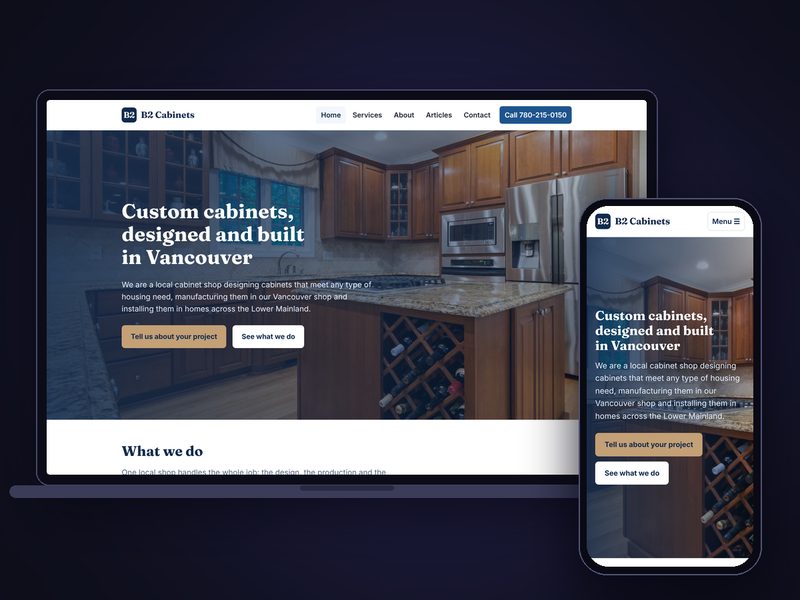 The B2 Cabinets website on a laptop and a phone, a sample build by Key City