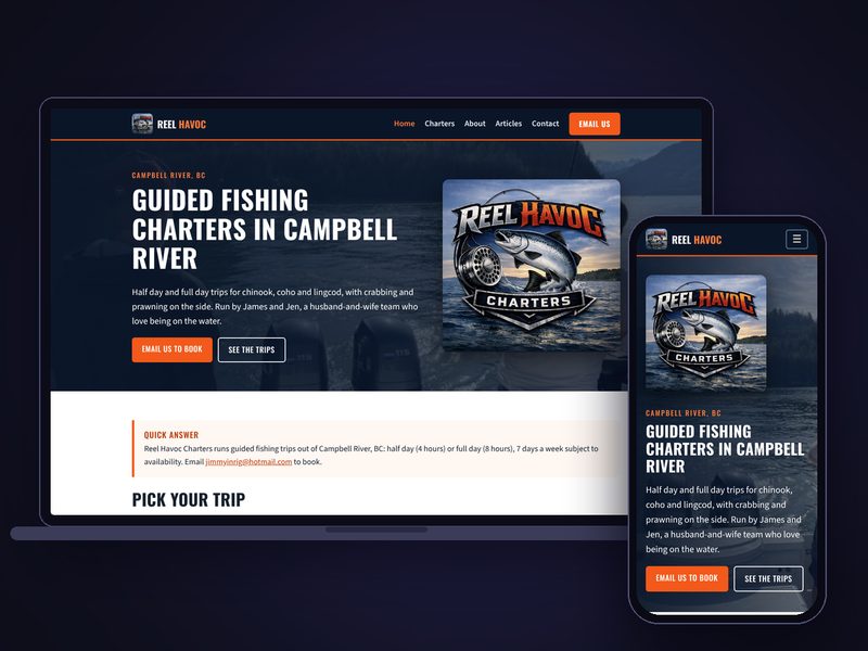 The Reel Havoc Charters website on a laptop and a phone, a sample build by Key City
